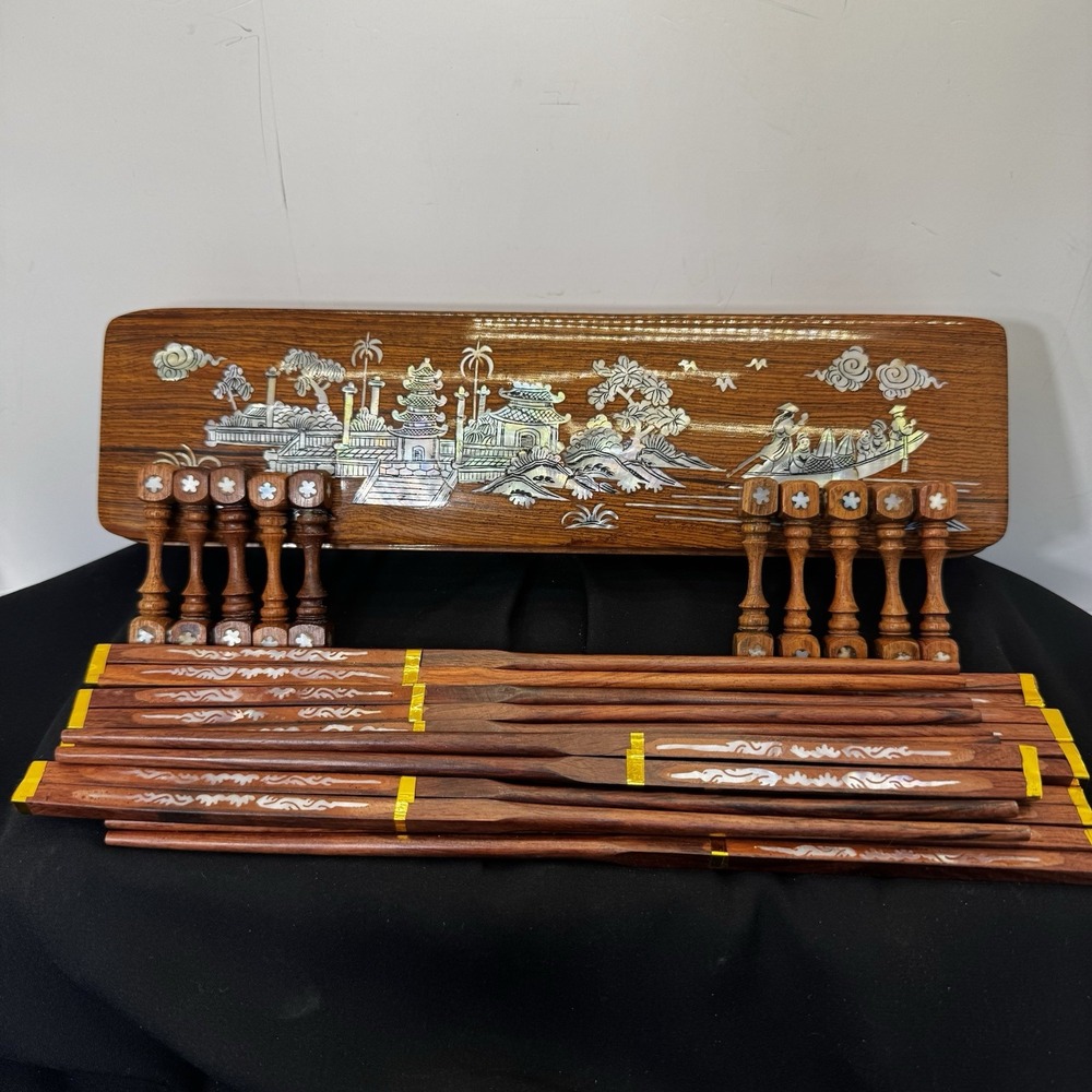 Wooden Chopstick Box 10 Sets Chopsticks & Rests Abalone Inlays Design Hand Made